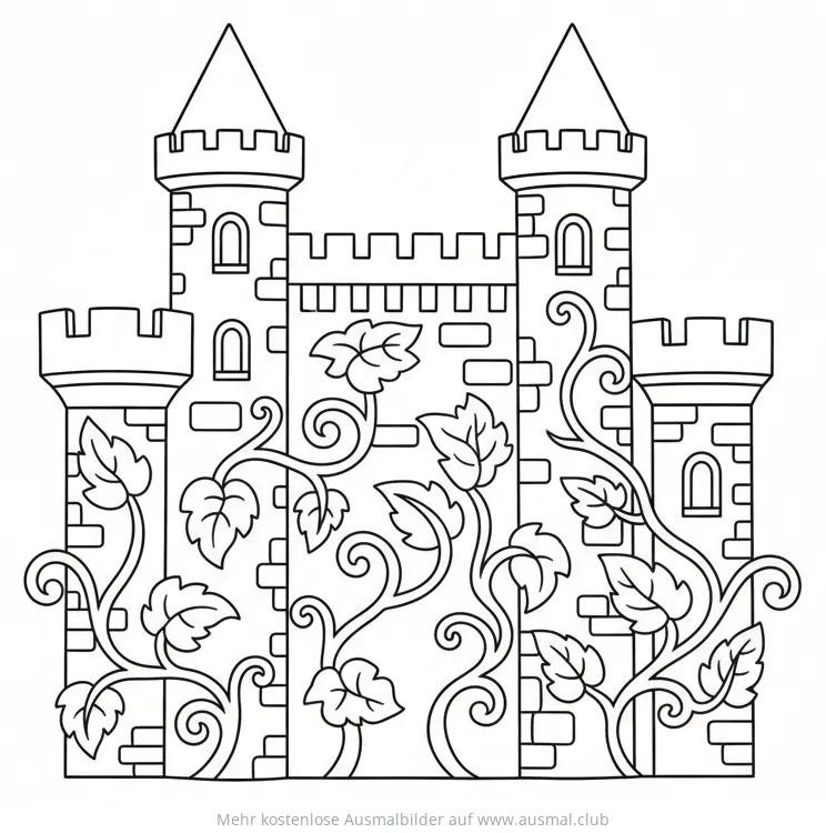 Efeuburg Ausmalbild mit Türmen und Efeuranken