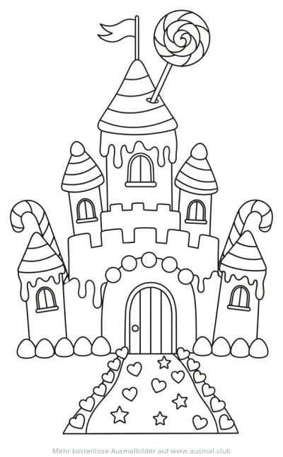 Schokoladenburg mit Zuckerstangen und Lolli Ausmalbild