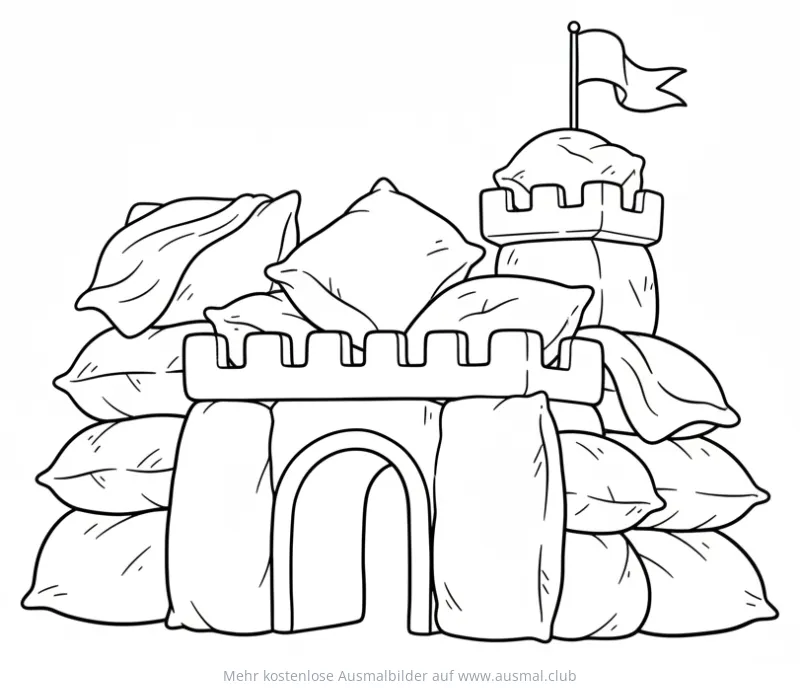 Kissenburg Ausmalbild mit Turm und Flagge