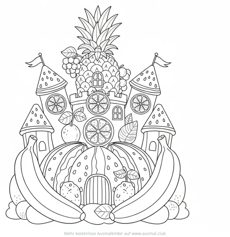 Fruchtburg Ausmalbild mit Ananas, Wassermelone, Orangen und Bananen