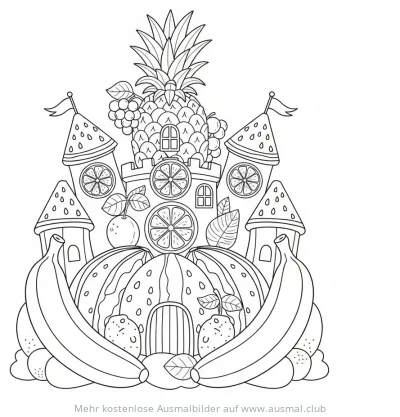 Fruchtburg Ausmalbild mit Ananas, Wassermelone, Orangen und Bananen