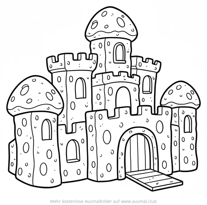 Schwammburg Ausmalbild mit Türmen und pilzförmigen Dächern
