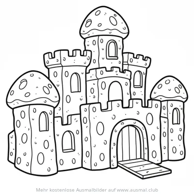 Schwammburg Ausmalbild mit Türmen und pilzförmigen Dächern