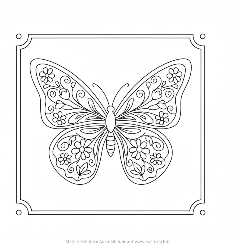 Schmetterling mit floralen Mustern im Rahmen Ausmalbild