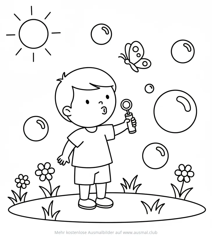 Schmetterling und Kind mit Seifenblasen Ausmalbild