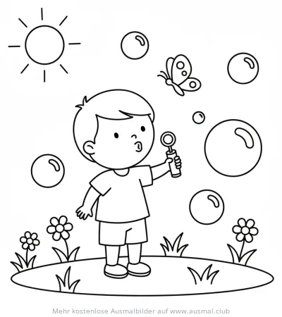 Schmetterling und Kind mit Seifenblasen Ausmalbild