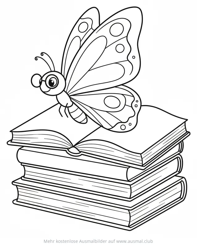Schmetterling mit Brille auf Büchern Ausmalbild