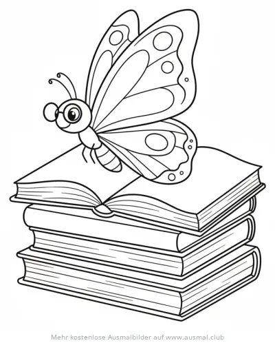 Schmetterling mit Brille auf Büchern Ausmalbild