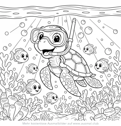 Schildkröte mit Taucherbrille unter Wasser Ausmalbild