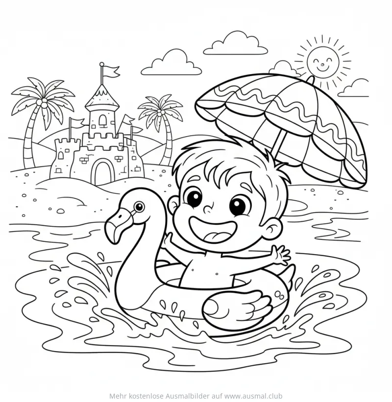 Junge schwimmt auf Flamingo-Reifen im Meer Ausmalbild
