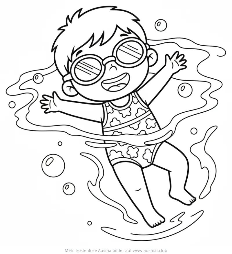 Kind mit Sonnenbrille schwimmt im Wasser Ausmalbild