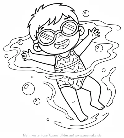 Kind mit Sonnenbrille schwimmt im Wasser Ausmalbild