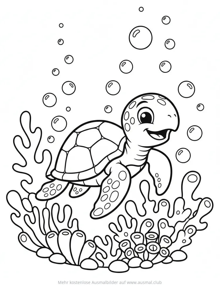 Freundliche Schildkröte schwimmt zwischen Korallen, Ausmalbild