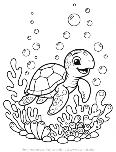Freundliche Schildkröte schwimmt zwischen Korallen, Ausmalbild