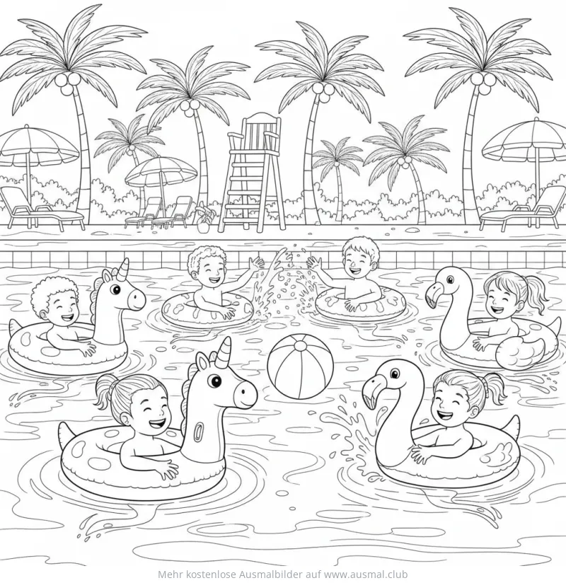 Kinder im Schwimmbad mit Schwimmtieren Ausmalbild