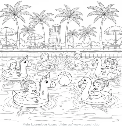 Kinder im Schwimmbad mit Schwimmtieren Ausmalbild
