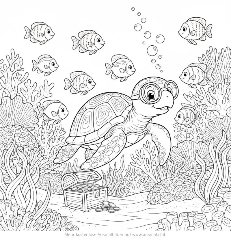 Schildkröte mit Brille im Meer, umgeben von Fischen Ausmalbild