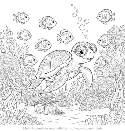 Schildkröte mit Brille im Meer, umgeben von Fischen Ausmalbild