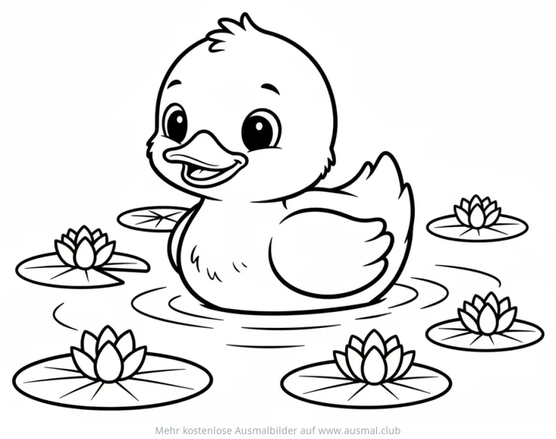 Ente schwimmt auf dem Wasser zwischen Seerosen Ausmalbild