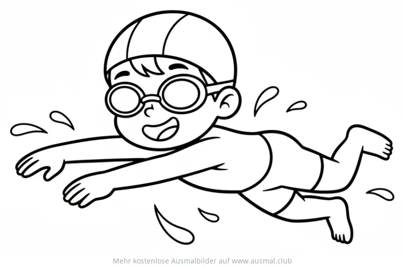 Kind mit Schwimmbrille und Badekappe beim Schwimmen Ausmalbild