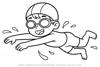 Kind mit Schwimmbrille und Badekappe beim Schwimmen Ausmalbild