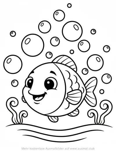 Freundlicher Fisch mit Blasen im Wasser Ausmalbild