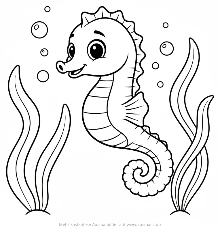 Seepferdchen Ausmalbild mit Wasserpflanzen und Blasen