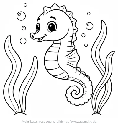Seepferdchen Ausmalbild mit Wasserpflanzen und Blasen