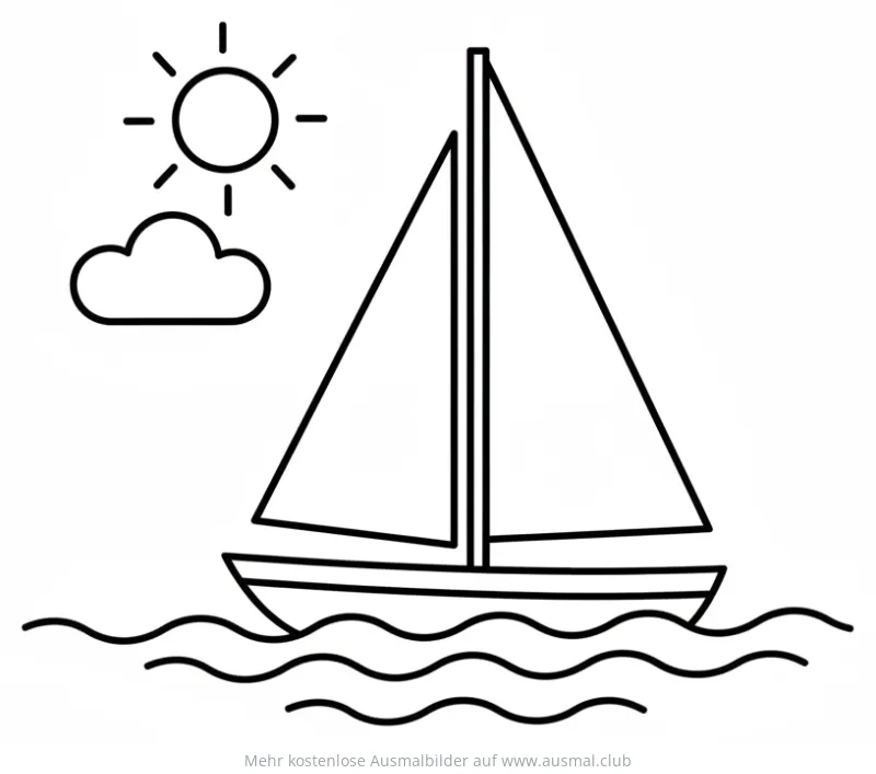 Segelboot auf dem Meer mit Sonne und Wolke Ausmalbild