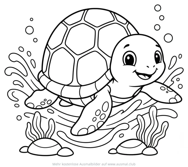 Freundliche Meeresschildkröte schwimmt im Wasser Ausmalbild