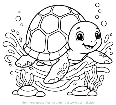 Freundliche Meeresschildkröte schwimmt im Wasser Ausmalbild