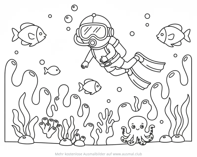 Taucher mit Fischen und Oktopus im Meer Ausmalbild