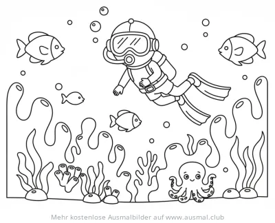 Taucher mit Fischen und Oktopus im Meer Ausmalbild