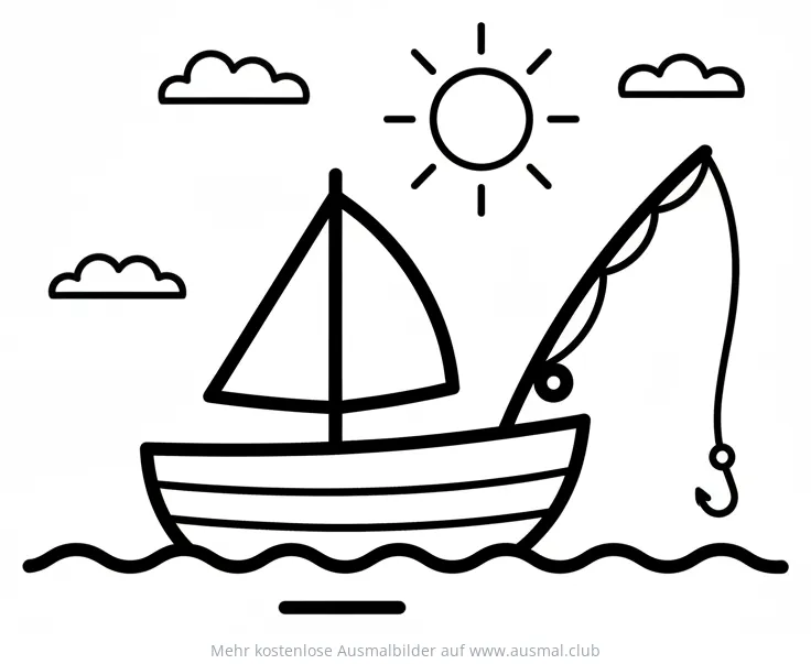 Angelboot Ausmalbild auf dem Wasser mit Sonne und Wolken