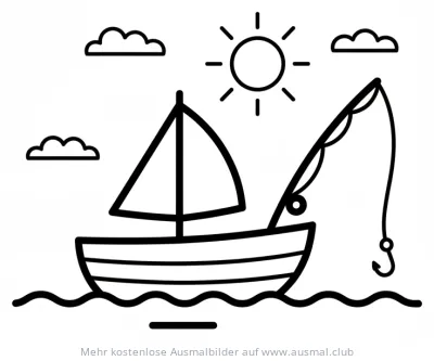 Angelboot Ausmalbild auf dem Wasser mit Sonne und Wolken