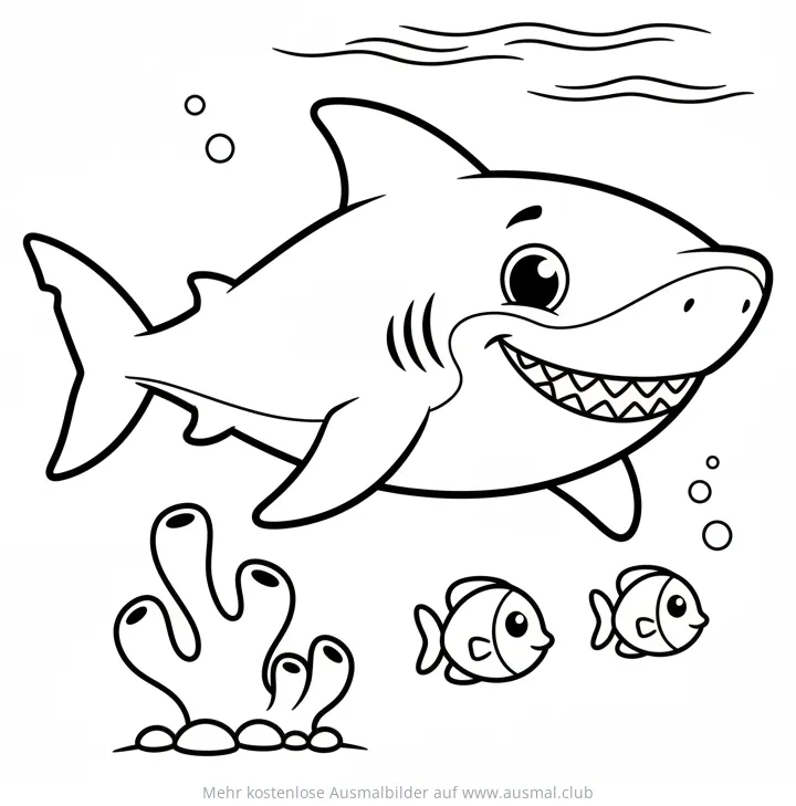 Freundlicher Hai mit Fischen und Koralle Ausmalbild