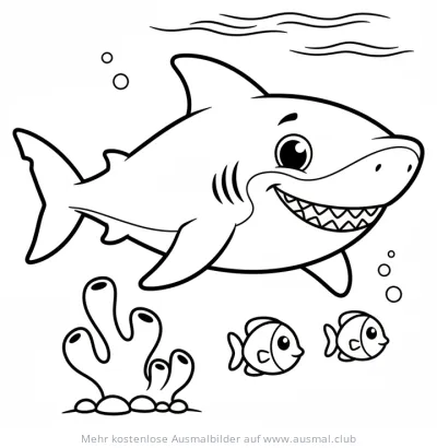 Freundlicher Hai mit Fischen und Koralle Ausmalbild