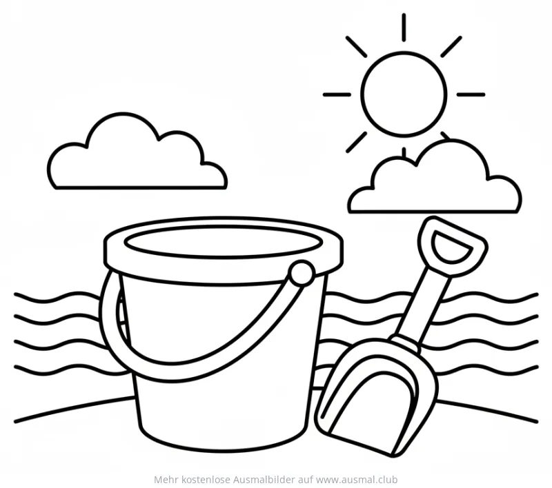 Eimer, Schaufel und Sonne am Strand Ausmalbild