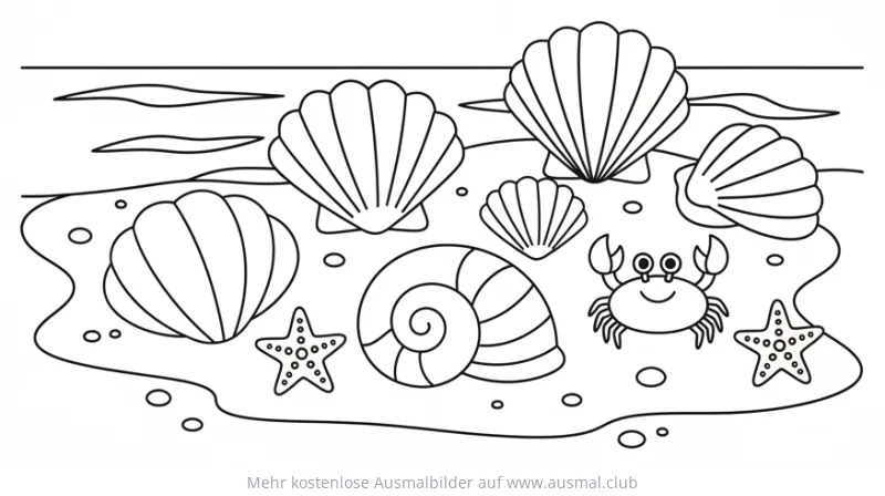 Muscheln, Seesterne und Krabbe am Strand Ausmalbild