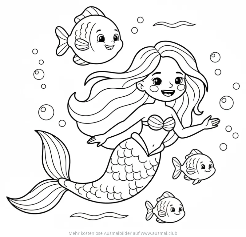 Meerjungfrau Prinzessin mit Fischen Ausmalbild