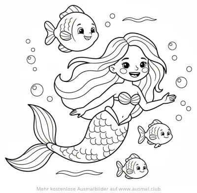 Meerjungfrau Prinzessin mit Fischen Ausmalbild