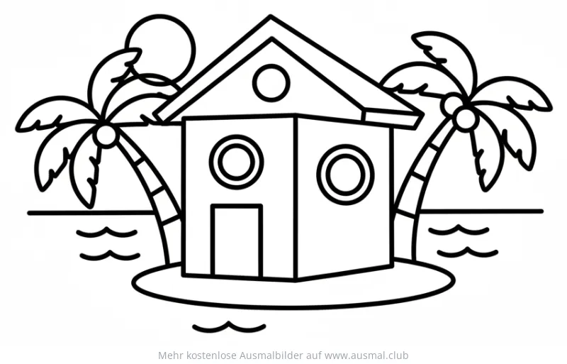 Strandhütte auf Insel mit Palmen Ausmalbild