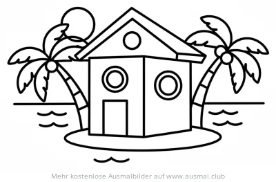 Strandhütte auf Insel mit Palmen Ausmalbild