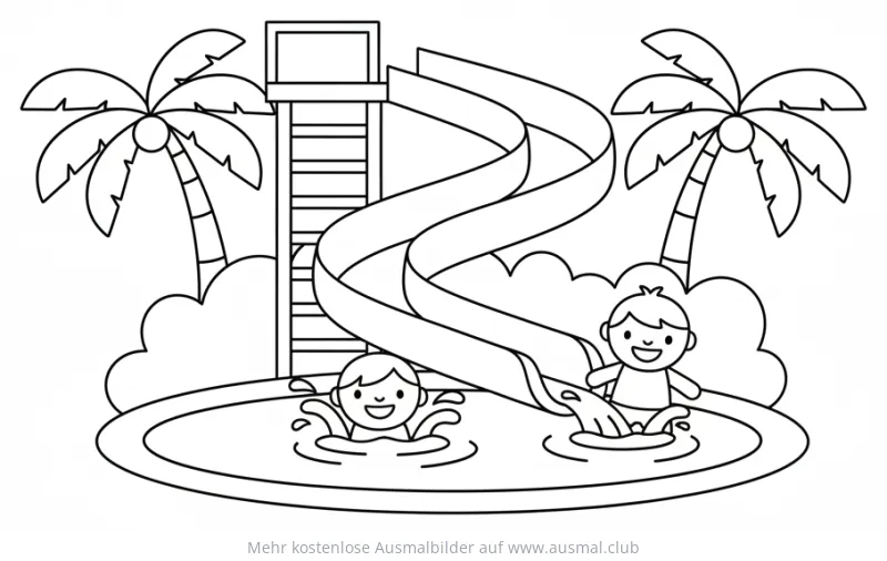 Wasserrutsche mit Kindern im Pool Ausmalbild