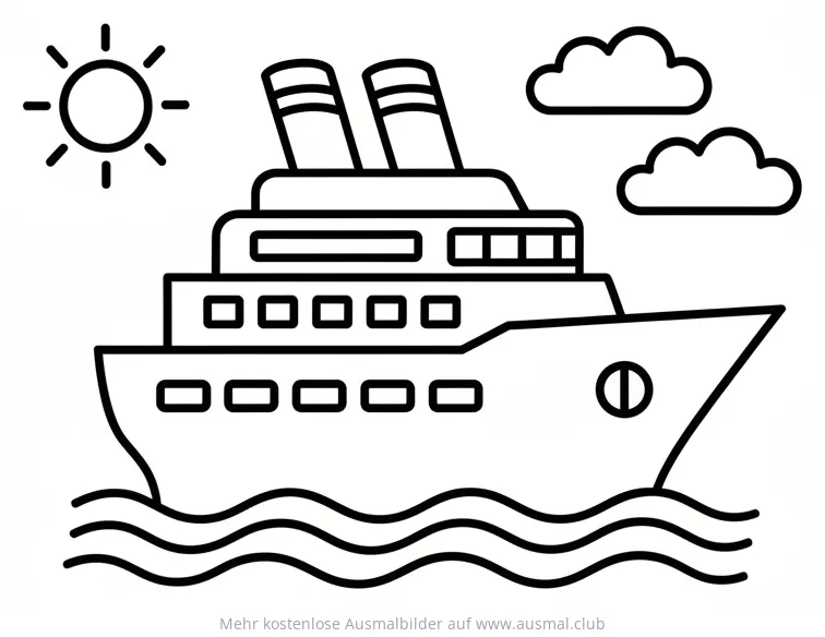 Kreuzfahrtschiff Ausmalbild mit Sonne und Wolken