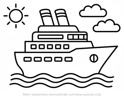Kreuzfahrtschiff Ausmalbild mit Sonne und Wolken