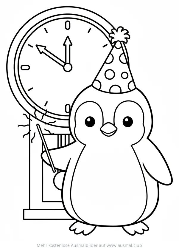 Pinguin mit Partyhut und Uhr Ausmalbild für Silvester