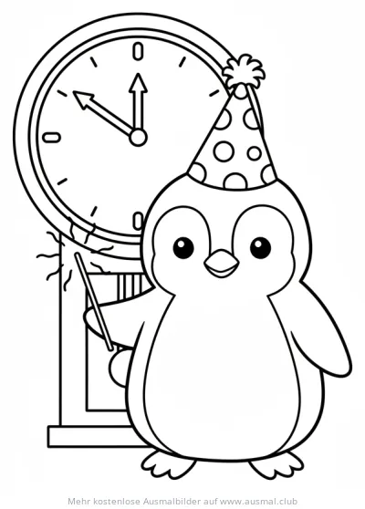 Pinguin mit Partyhut und Uhr Ausmalbild für Silvester