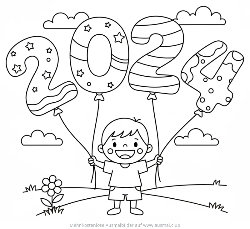 Junge hält 2024 Luftballons Ausmalbild