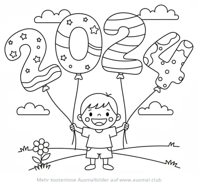 Junge hält 2024 Luftballons Ausmalbild